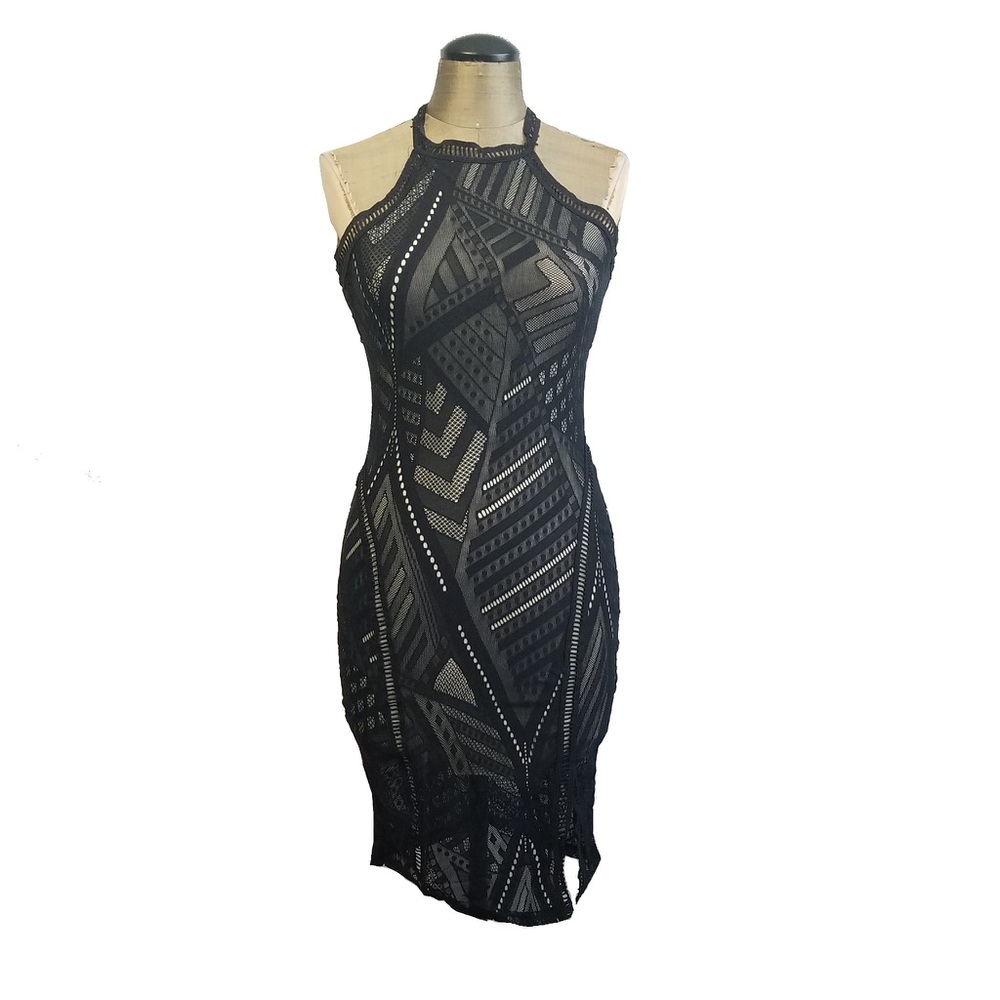 -NEW- Boutique stretch club mini black nude dress - Picture 3 of 8